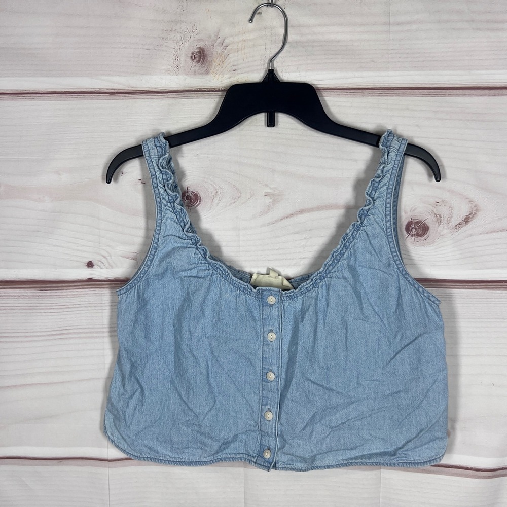 Madewell Tank Top Women M Blue Chambray Ruffle Button Front Crop Sleeveless Boho